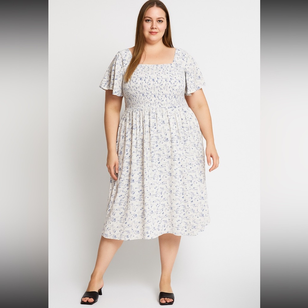 Elegant Floral Midi Dress in Blue and White